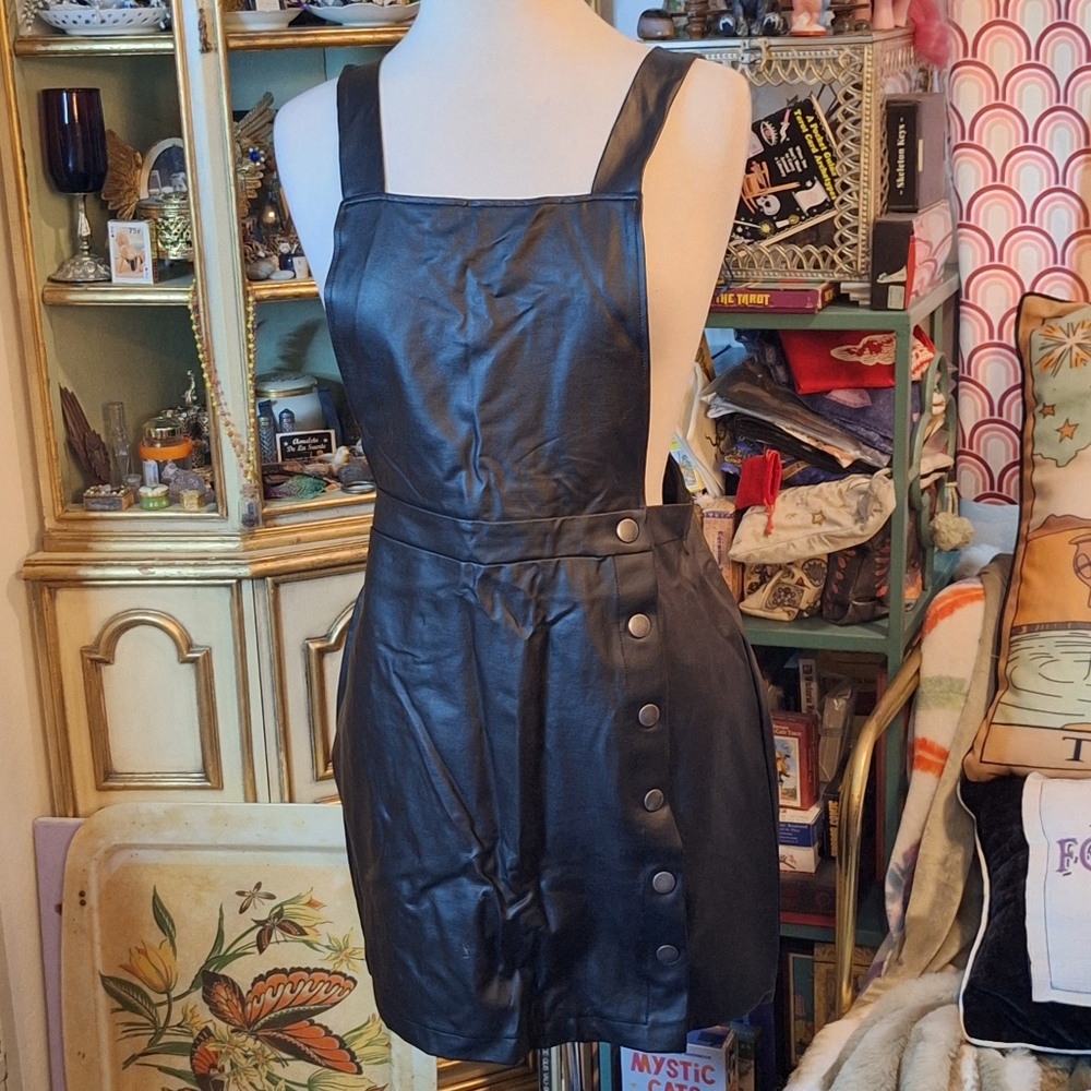 Black Pleather Vegan Leather Pinafore Skirt